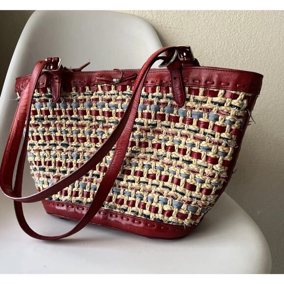 BRIGHTON Woven Red Leather Trim Tote Bag Heart Charm Paisley America RWB USA - Picture 5 of 16